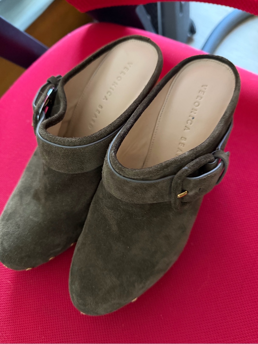 Veronica Beard Olive Suede Buckle Mules